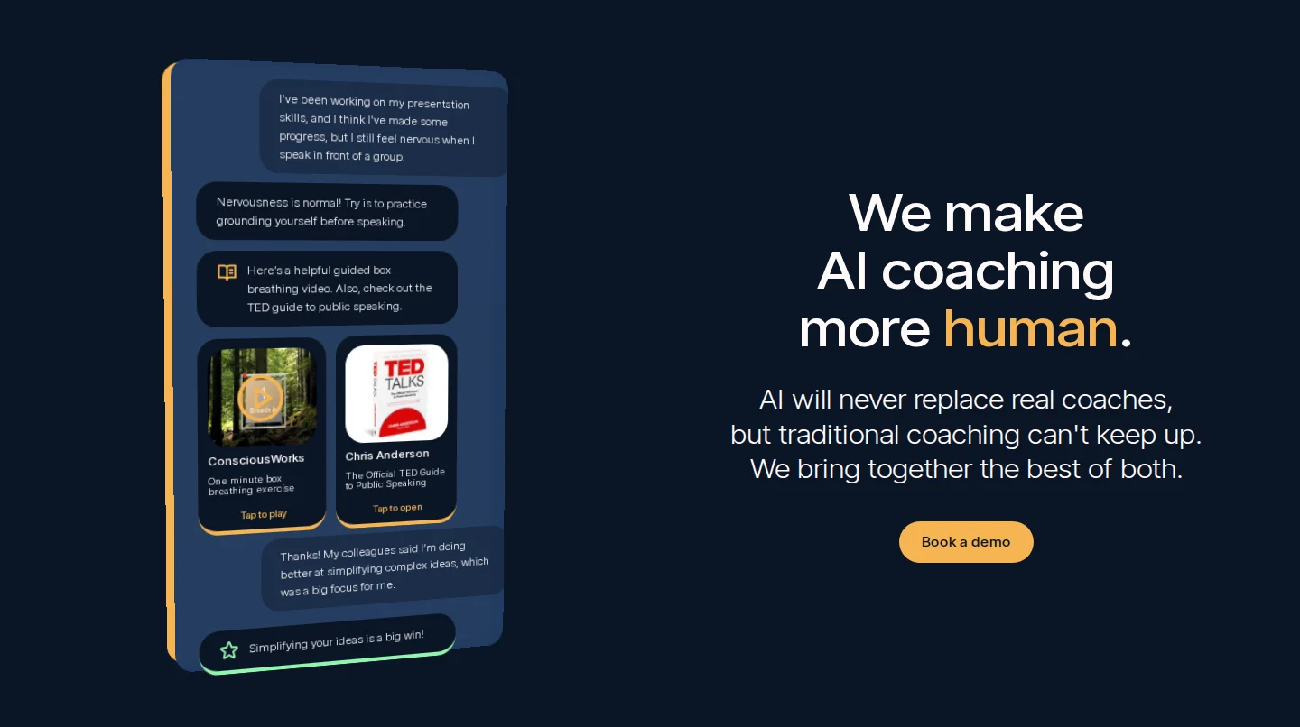 Skillward landing-page demonstration of a coaching conversation with learning-resource recommendations.